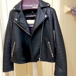 Forever 21 Heavy Pebble Faux Leather Black Bomber Jacket Size M